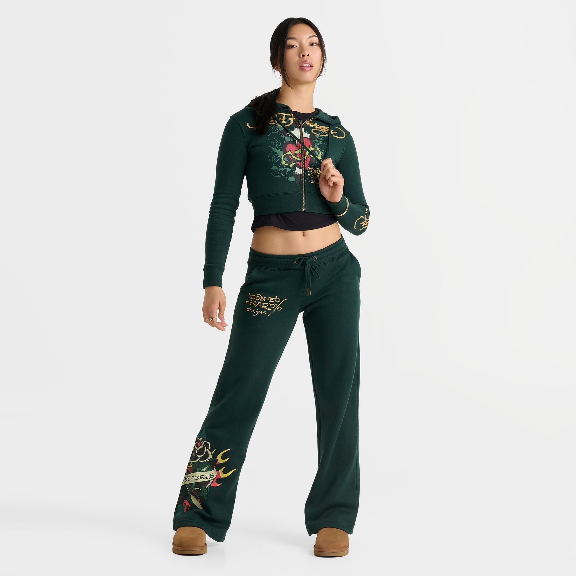 Women's Ed Hardy Sacred Heart Fleece Full-Zip Hoodie - Hunter