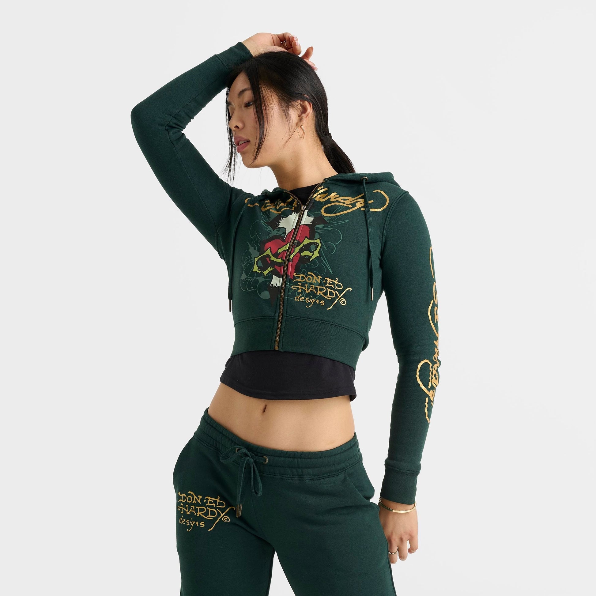 Women's Ed Hardy Sacred Heart Fleece Full-Zip Hoodie - Hunter