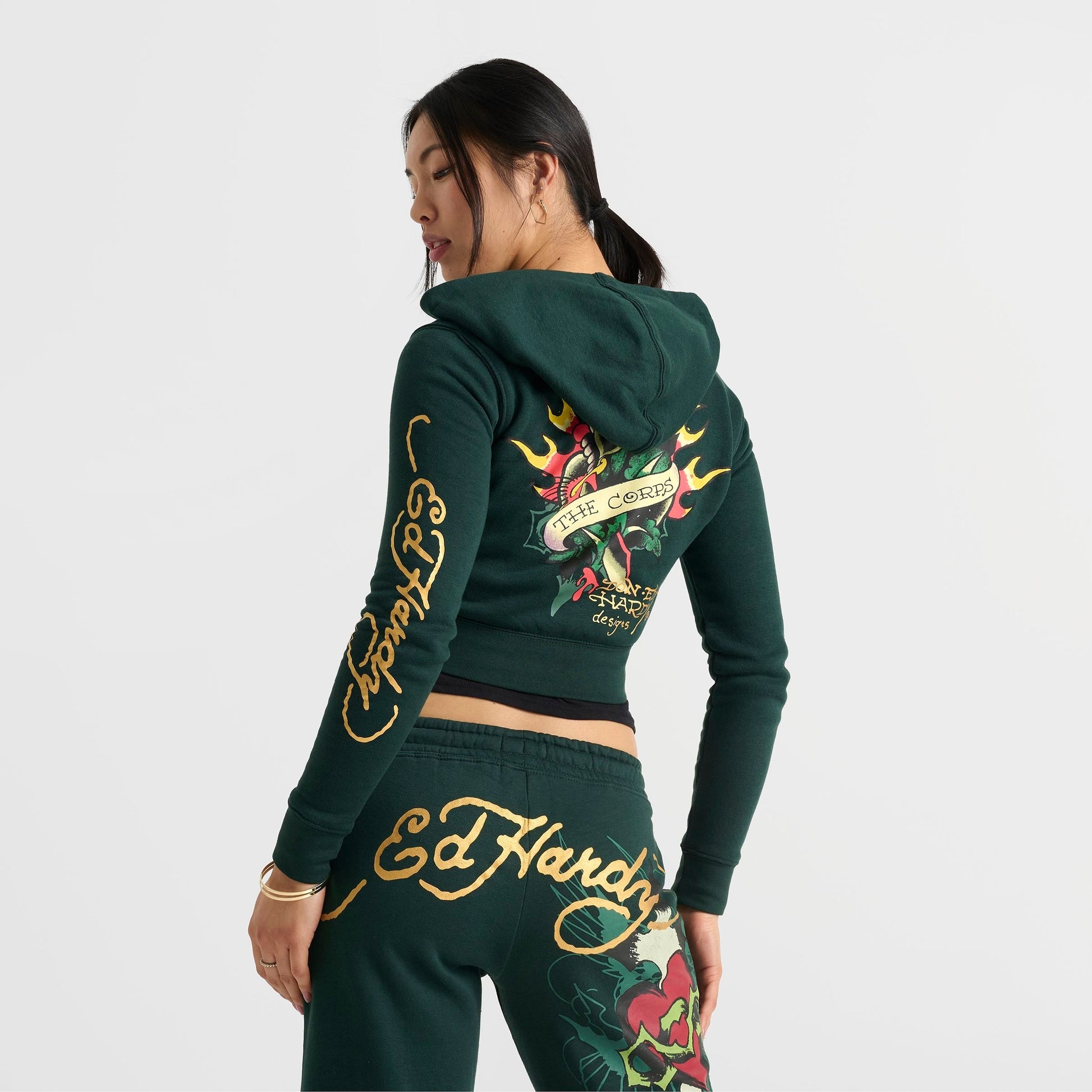 Women's Ed Hardy Sacred Heart Fleece Full-Zip Hoodie - Hunter