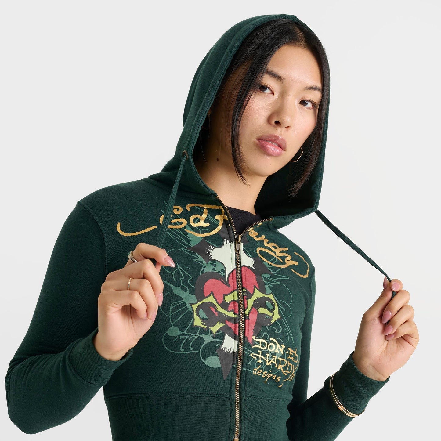 Women's Ed Hardy Sacred Heart Fleece Full-Zip Hoodie - Hunter