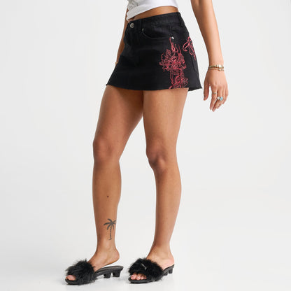 Women's Ed Hardy Dragons Rhinestone Denim Skirt - Black Wash