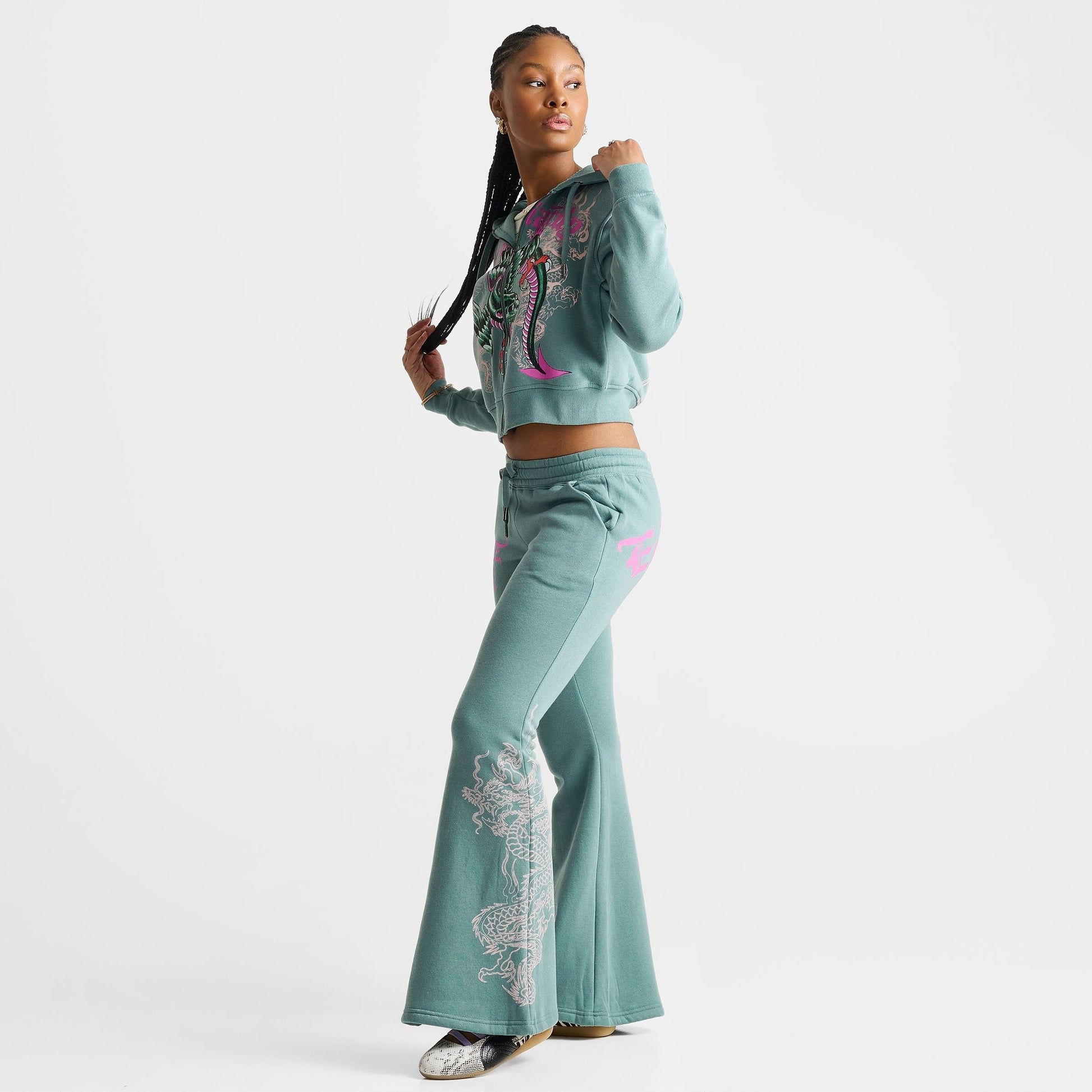 Women's Ed Hardy Wings Bootcut Fleece Pants - Seafoam