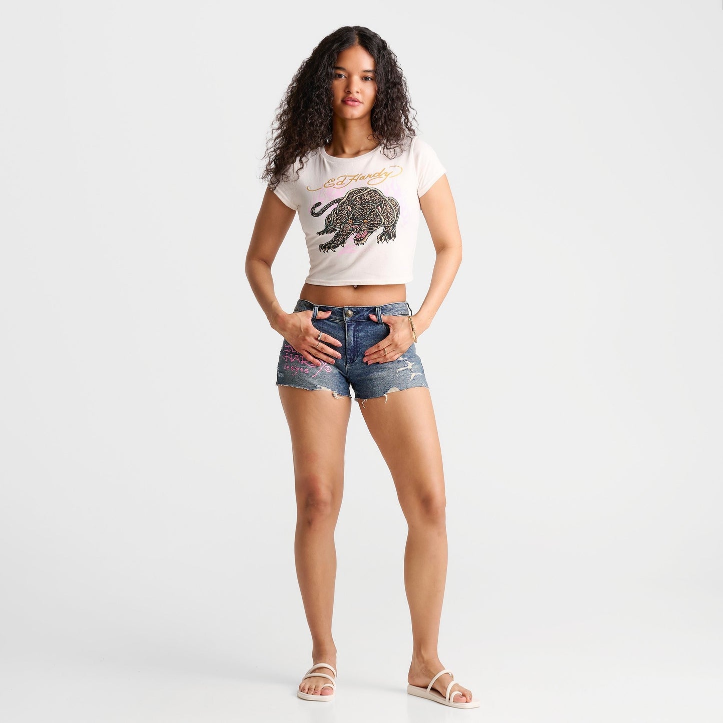 Women's Ed Hardy Love Kills Slowly Denim Mini Shorts - Medium Vintage Blue