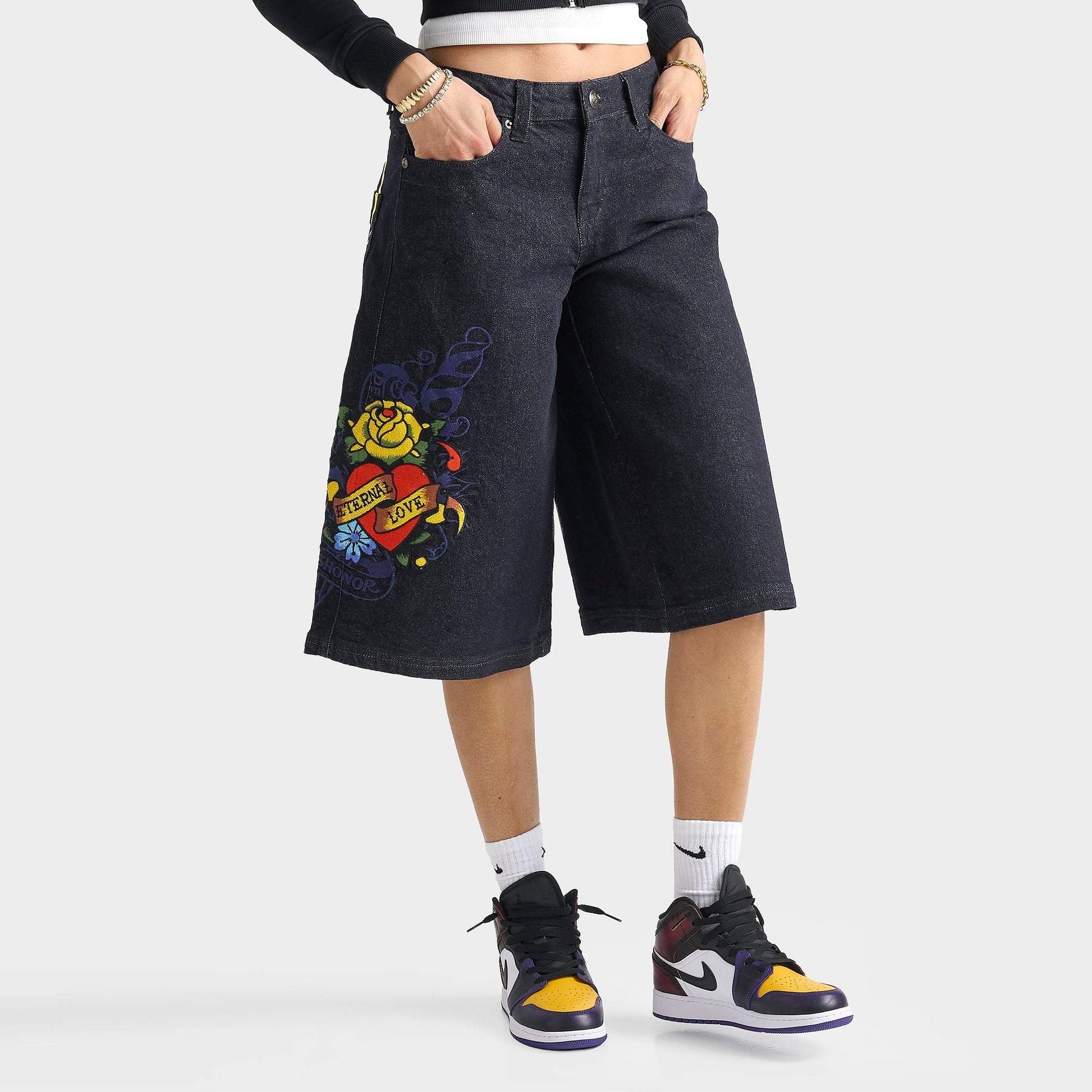 Women's Ed Hardy Eternal Love Long Denim Jorts - Raw Wash