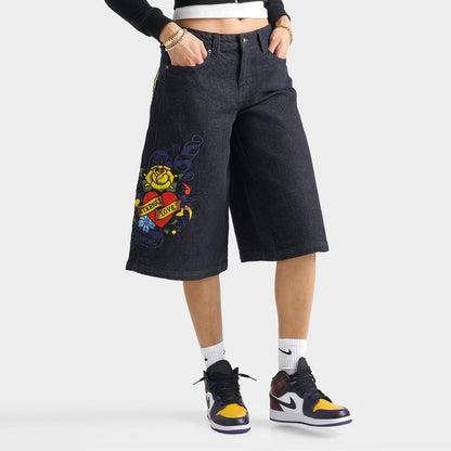Women's Ed Hardy Eternal Love Long Denim Jorts - Raw Wash