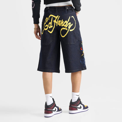 Women's Ed Hardy Eternal Love Long Denim Jorts - Raw Wash