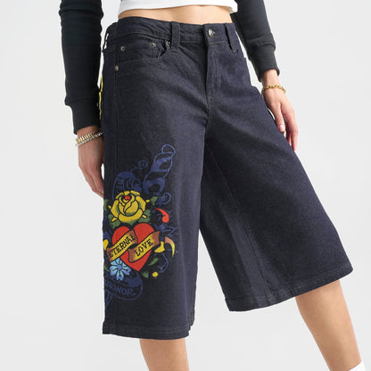 Women's Ed Hardy Eternal Love Long Denim Jorts - Raw Wash