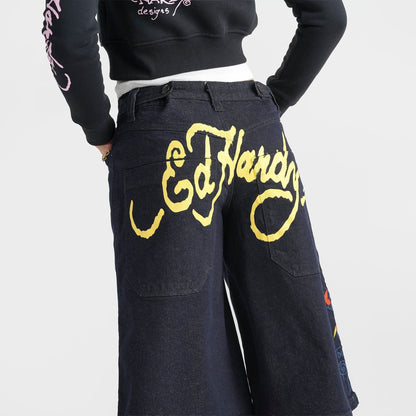 Women's Ed Hardy Eternal Love Long Denim Jorts - Raw Wash