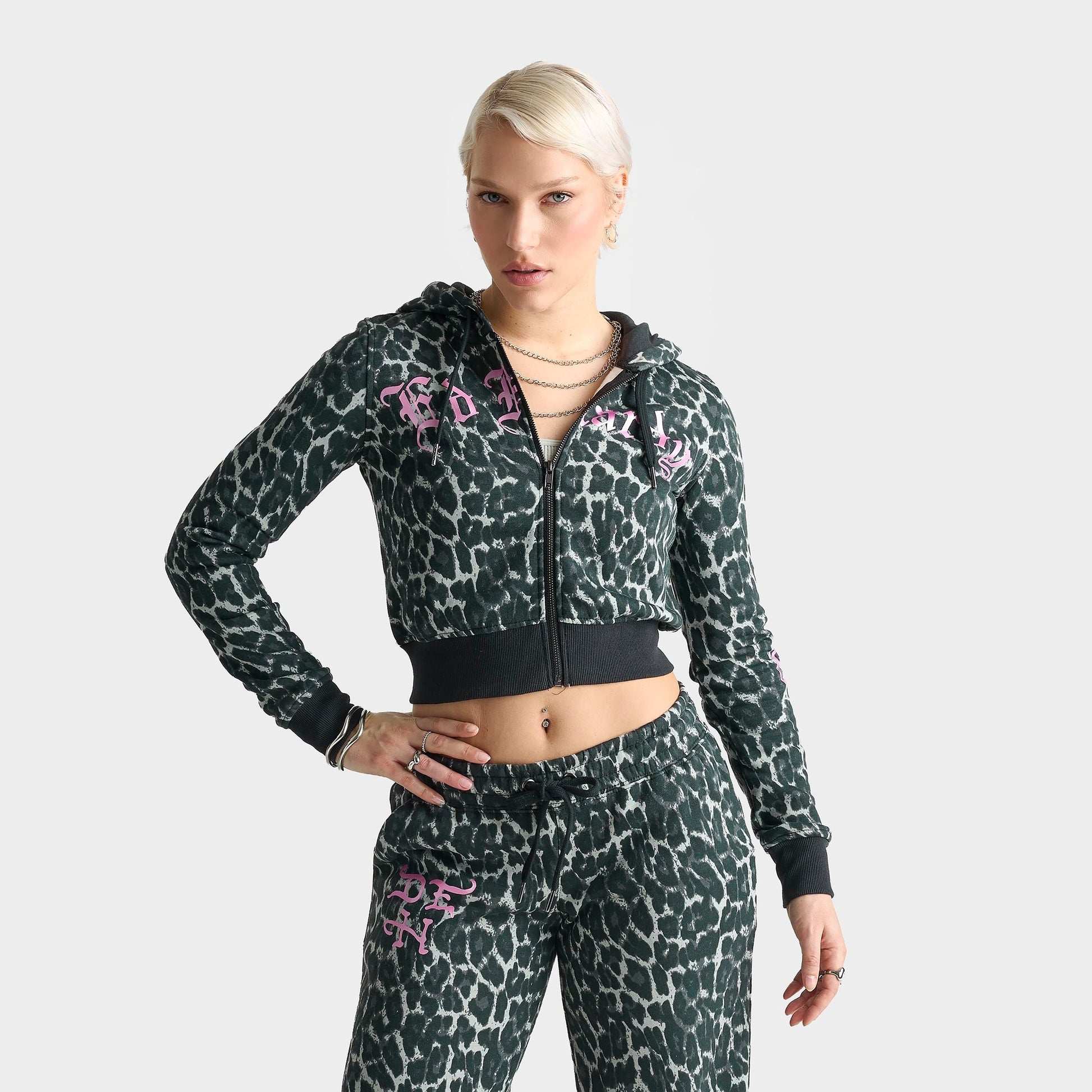 Women's Ed Hardy "Love Kills Slowly" Skull Cropped Full-Zip Fleece Hoodie - Black Leopard