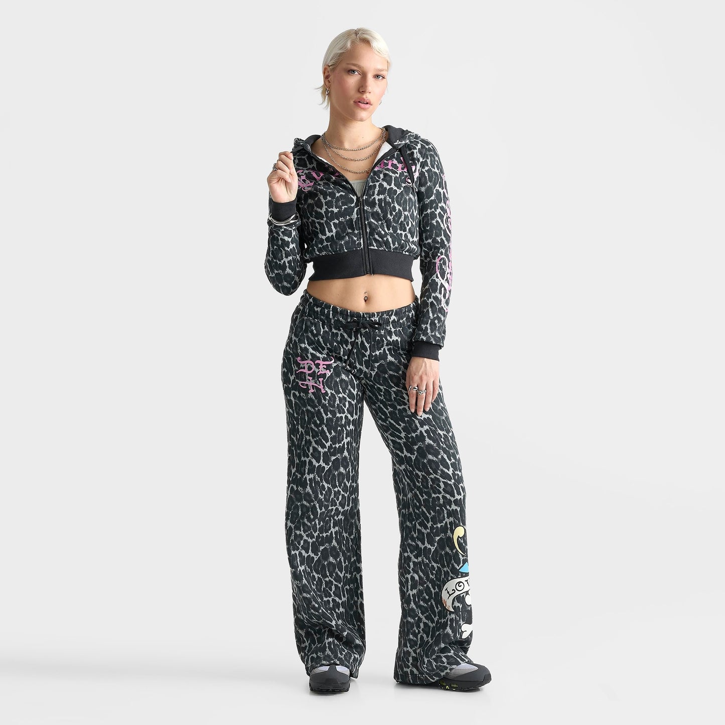 Women's Ed Hardy "Love Kills Slowly" Skull Cropped Full-Zip Fleece Hoodie - Black Leopard