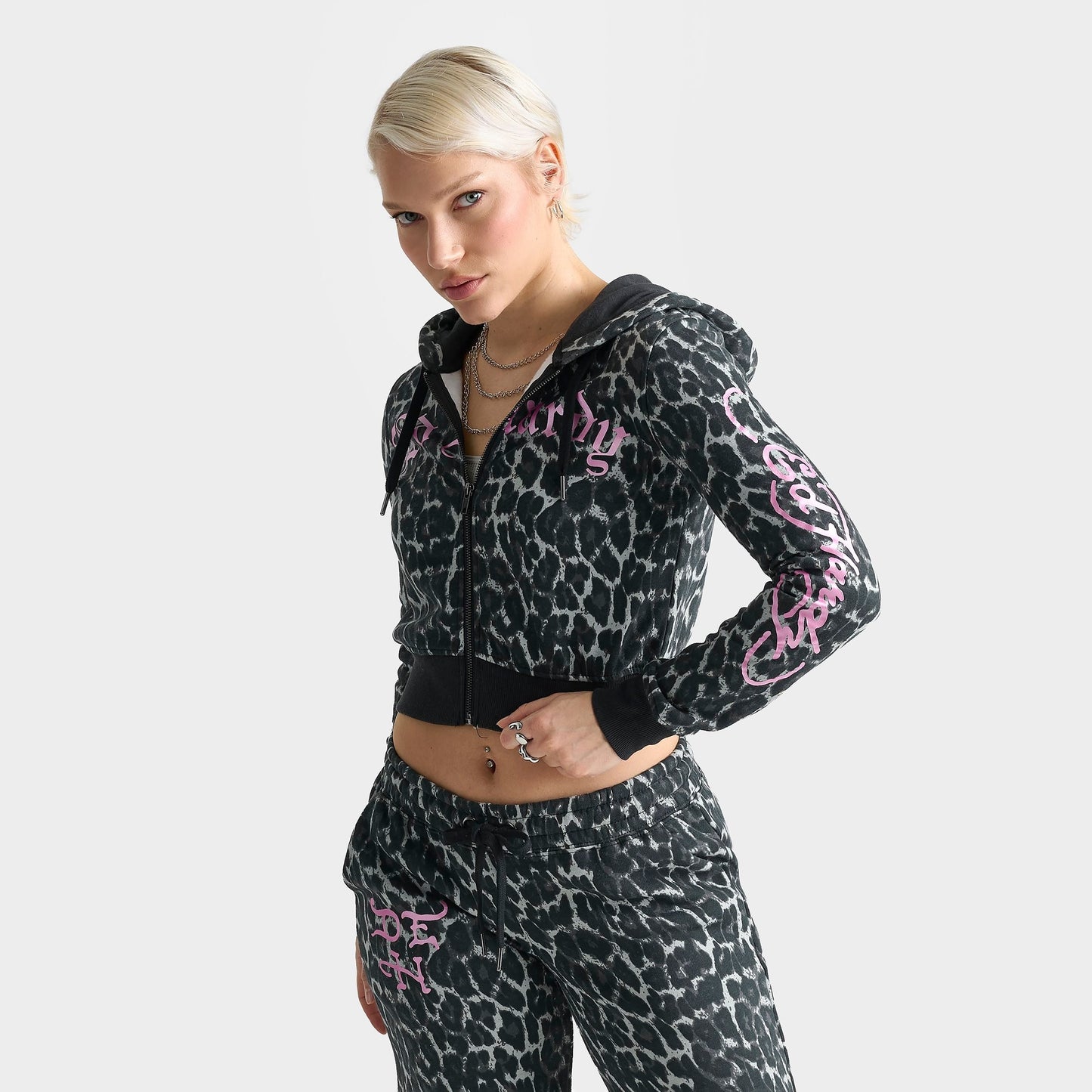 Women's Ed Hardy "Love Kills Slowly" Skull Cropped Full-Zip Fleece Hoodie - Black Leopard
