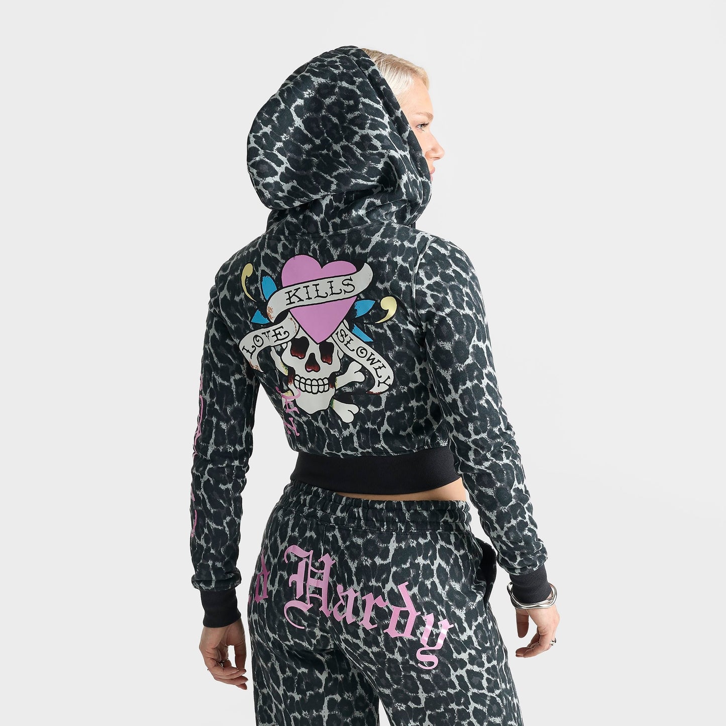 Women's Ed Hardy "Love Kills Slowly" Skull Cropped Full-Zip Fleece Hoodie - Black Leopard