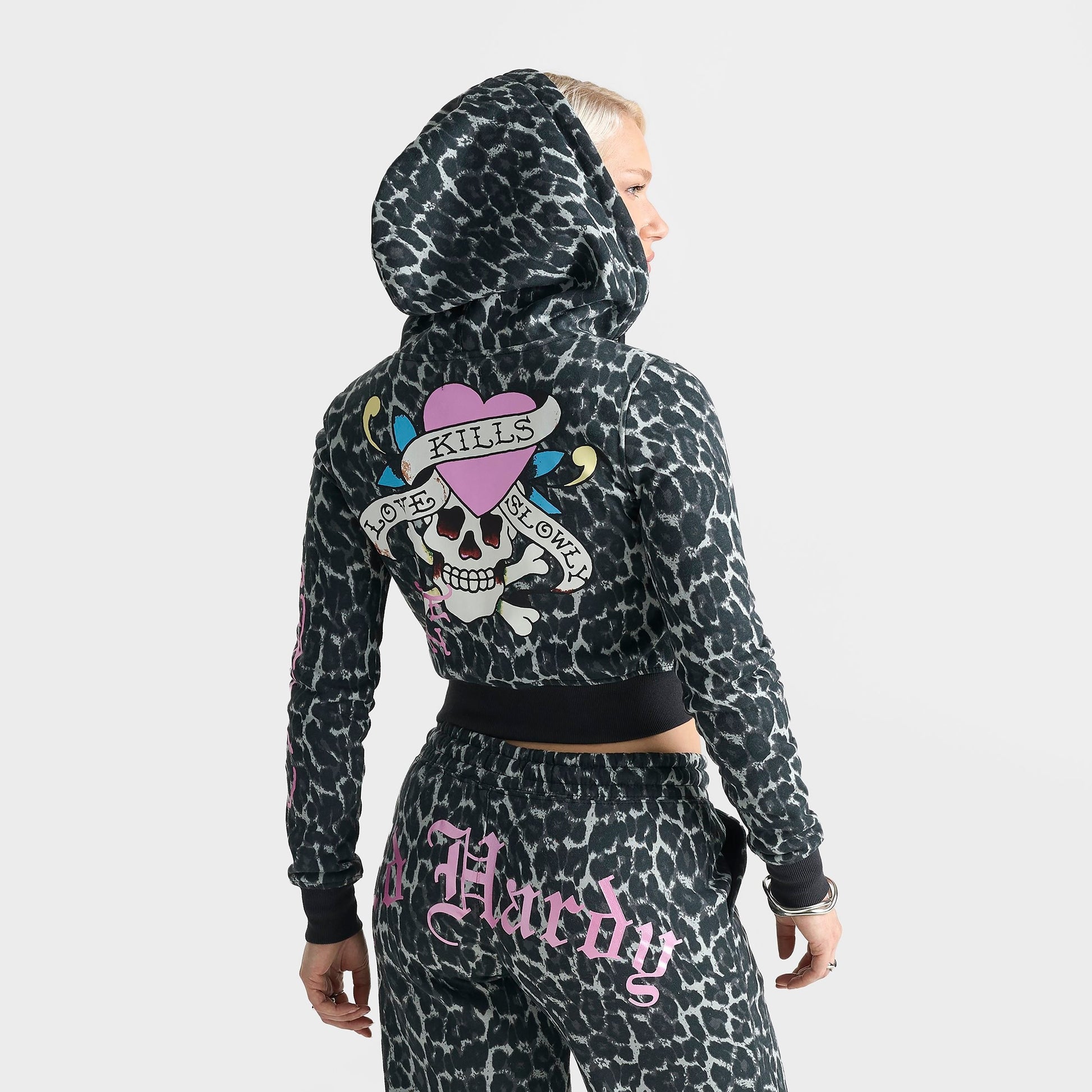 Women's Ed Hardy "Love Kills Slowly" Skull Cropped Full-Zip Fleece Hoodie - Black Leopard