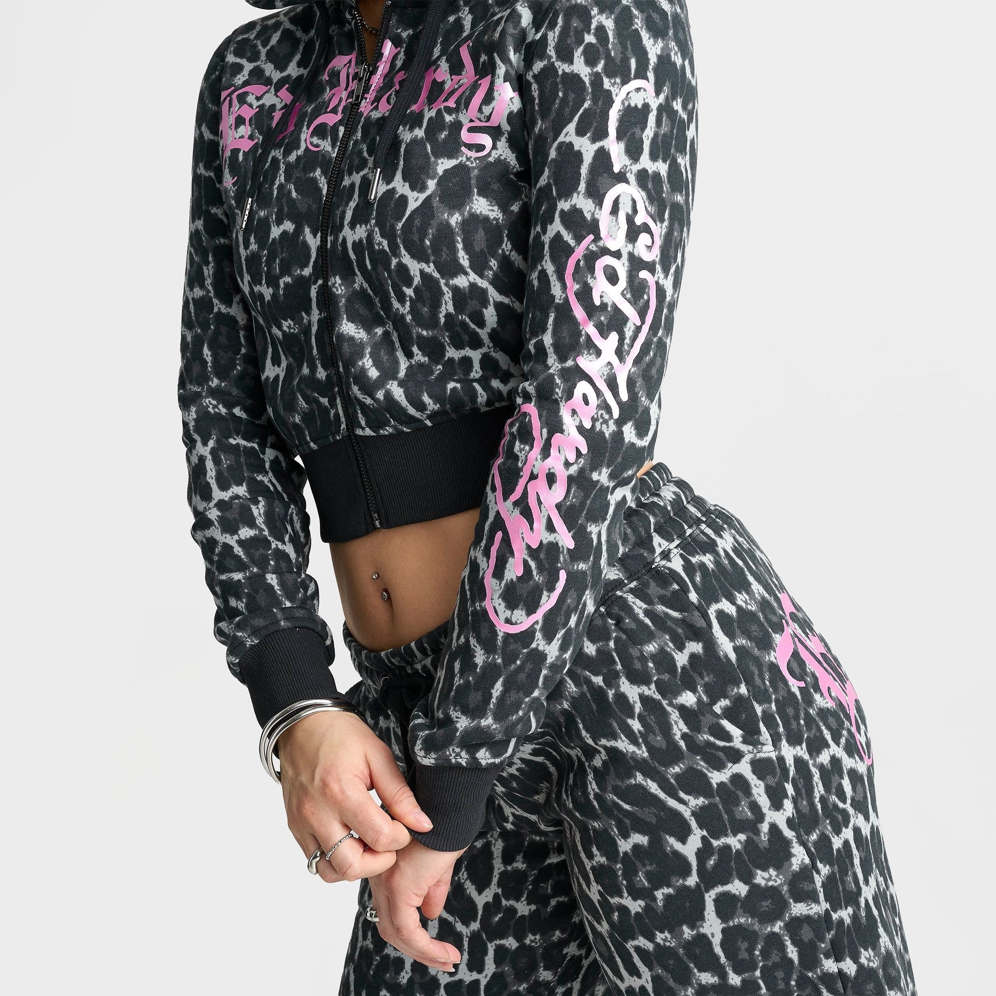 Women's Ed Hardy "Love Kills Slowly" Skull Cropped Full-Zip Fleece Hoodie - Black Leopard