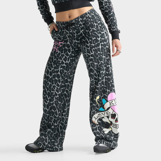 Women's Ed Hardy "Love Kills Slowly" Bootcut Fleece Jogger Pants - Black Leopard
