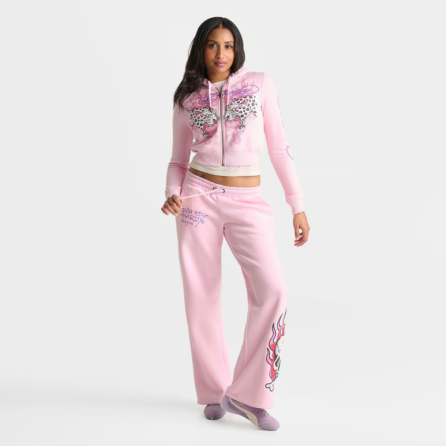 Women's Ed Hardy Leopard Fleece Jogger Pants - Pink Ballerina