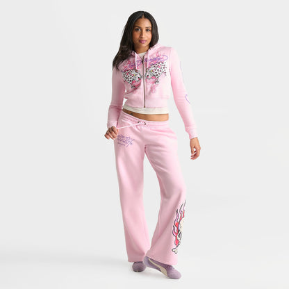 Women's Ed Hardy Leopard Fleece Jogger Pants - Pink Ballerina