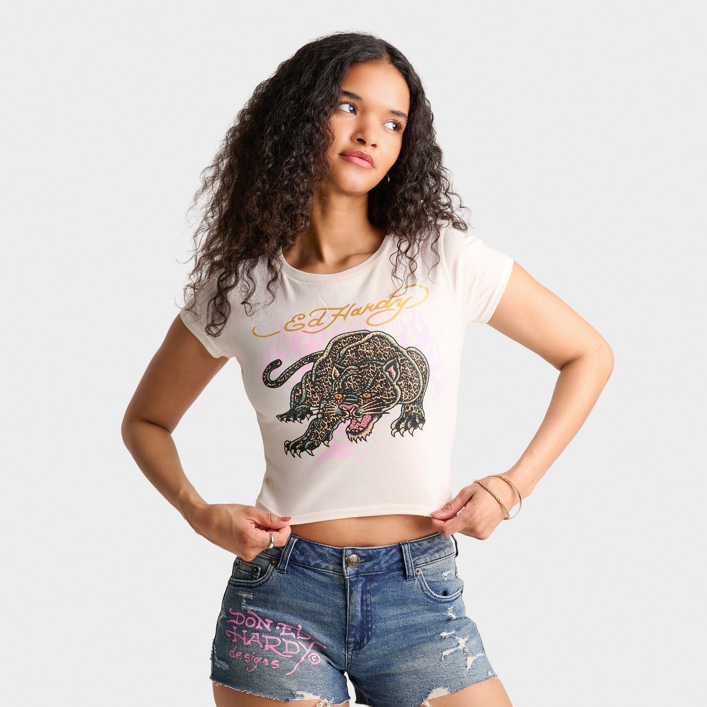 Women's Ed Hardy Leopard Panther Baby T-Shirt - Ivory