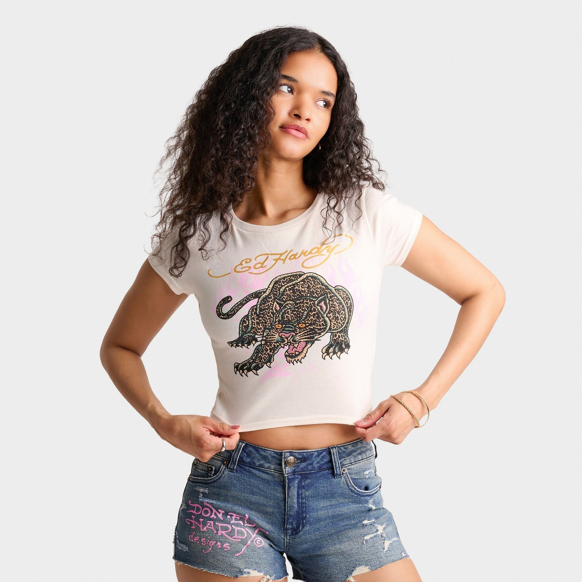 Women's Ed Hardy Leopard Panther Baby T-Shirt - Ivory