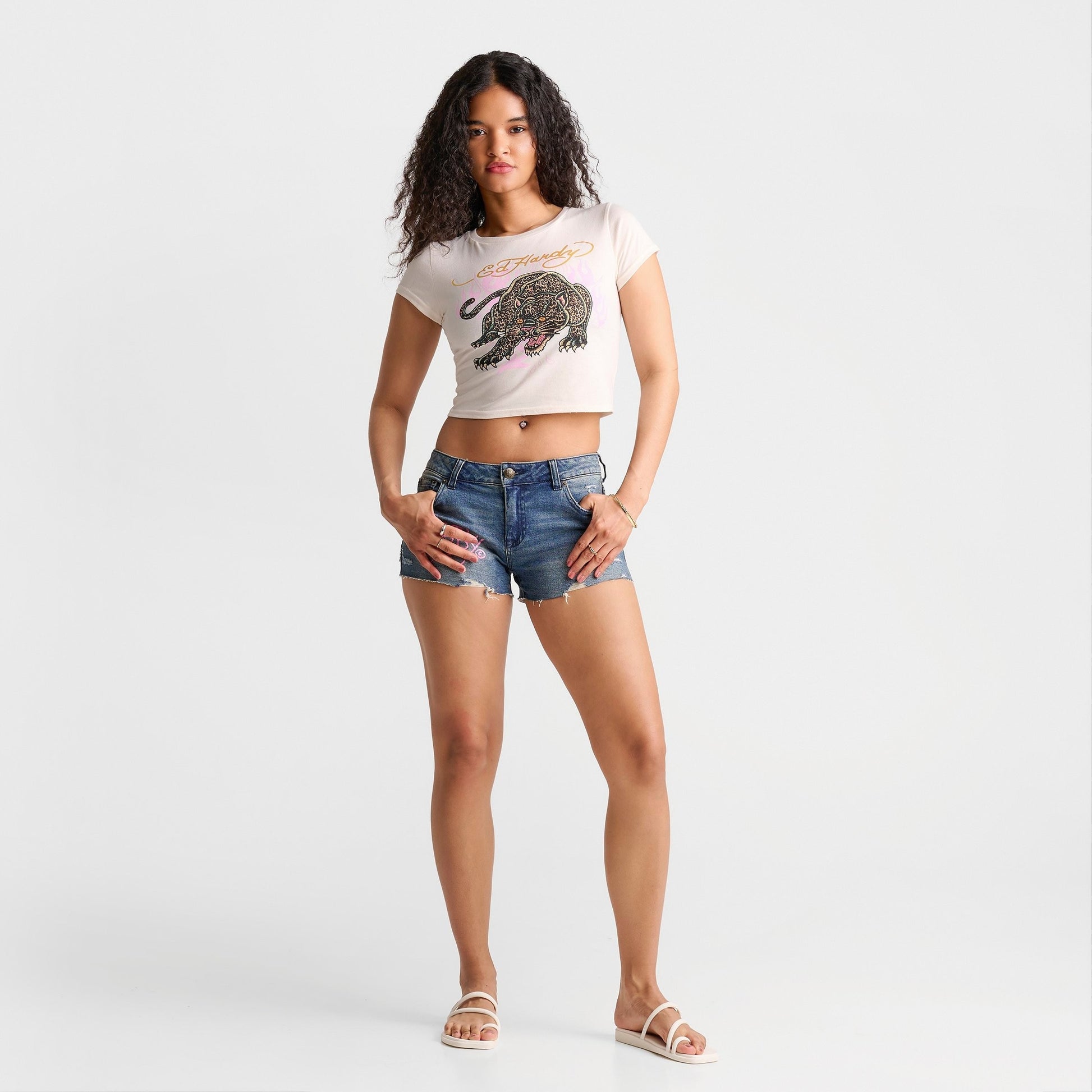 Women's Ed Hardy Leopard Panther Baby T-Shirt - Ivory