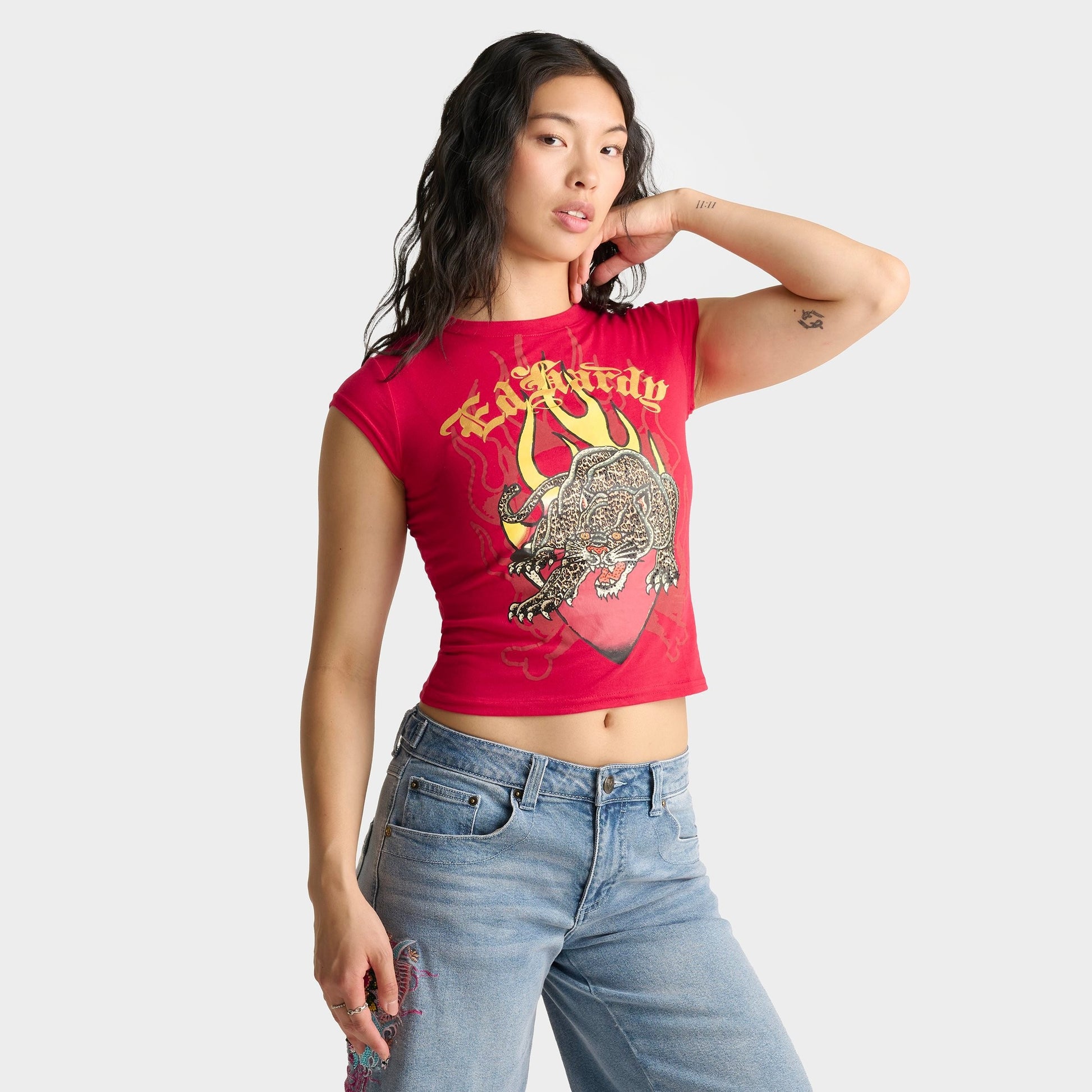 Women's Ed Hardy Leopard Panther Cap Sleeve Baby T-Shirt - Cherry