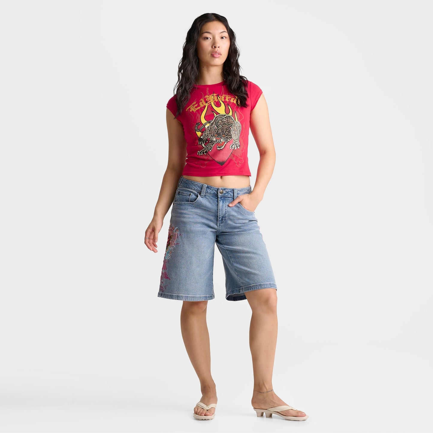 Women's Ed Hardy Leopard Panther Cap Sleeve Baby T-Shirt - Cherry