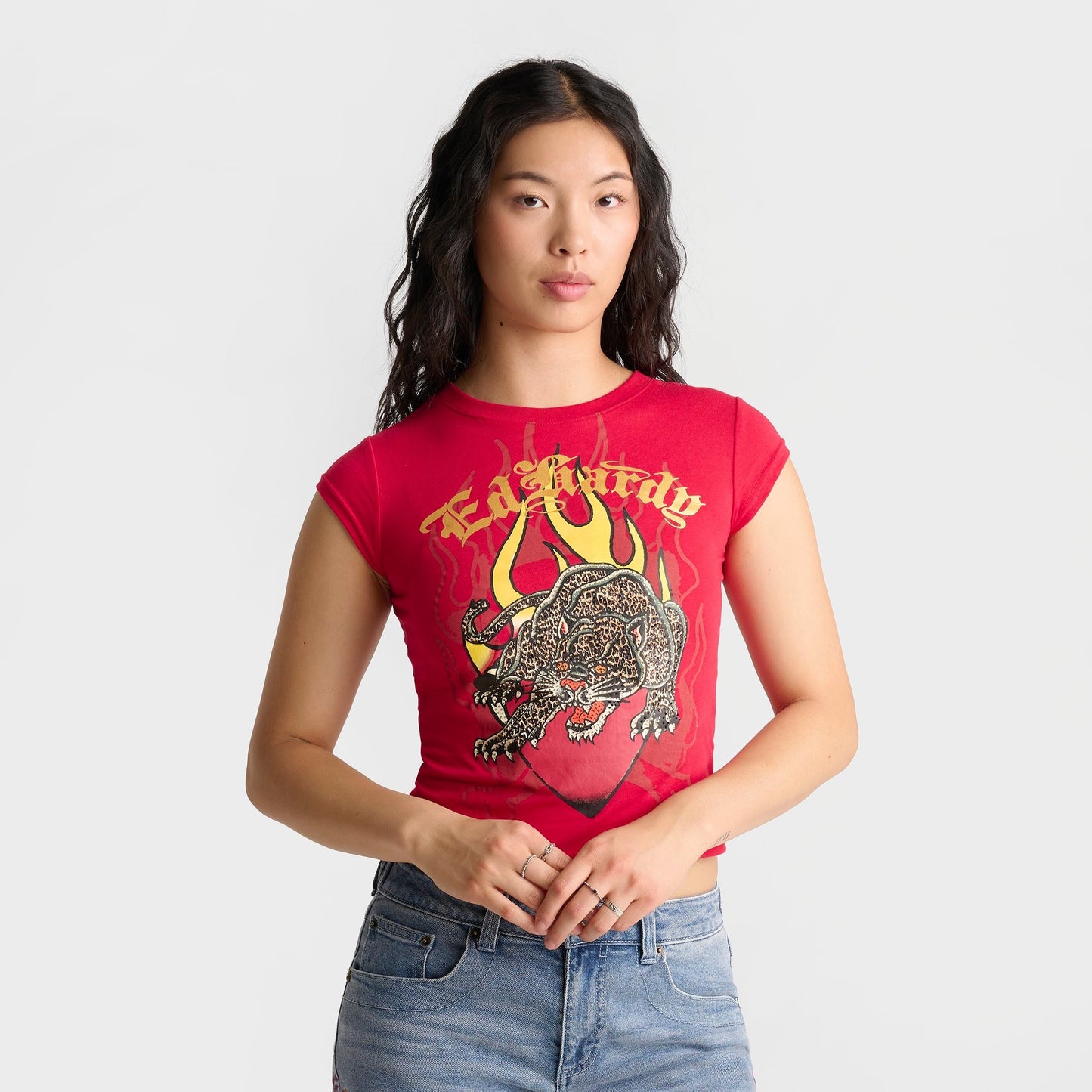 Women's Ed Hardy Leopard Panther Cap Sleeve Baby T-Shirt - Cherry