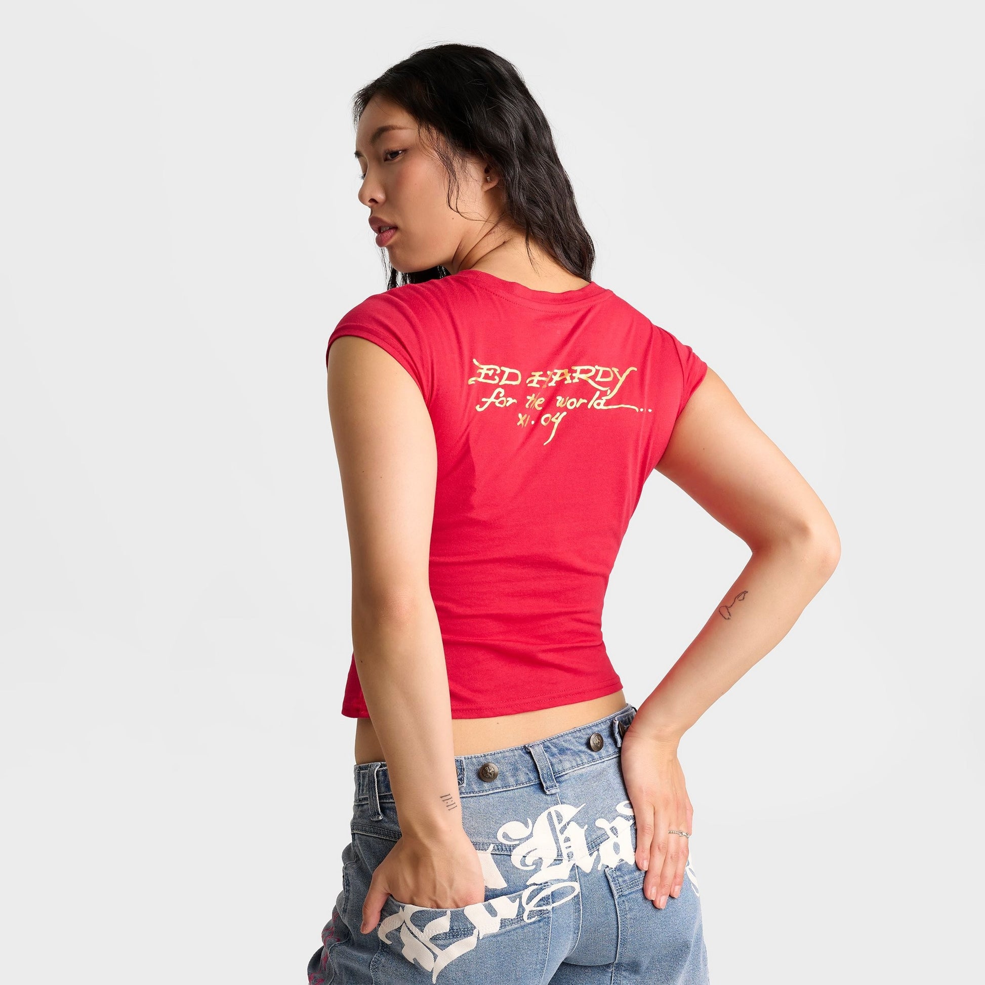 Women's Ed Hardy Leopard Panther Cap Sleeve Baby T-Shirt - Cherry