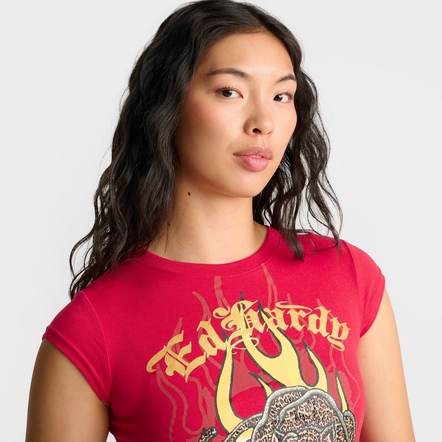 Women's Ed Hardy Leopard Panther Cap Sleeve Baby T-Shirt - Cherry