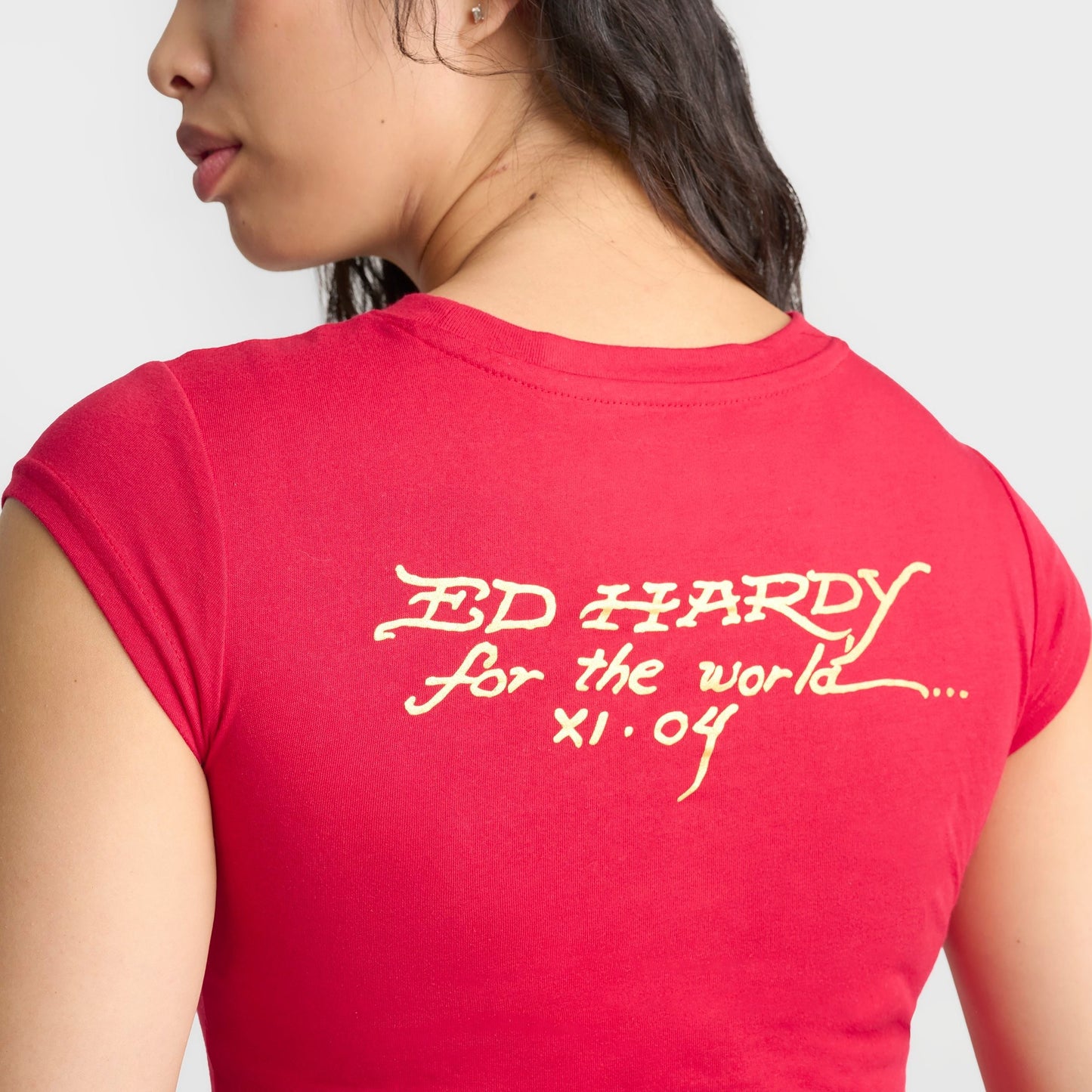 Women's Ed Hardy Leopard Panther Cap Sleeve Baby T-Shirt - Cherry