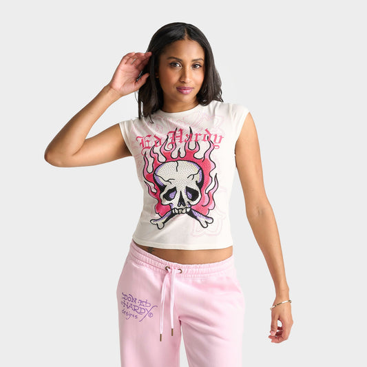 Women's Ed Hardy Rhinestone Panther Cap T-Shirt - Ivory