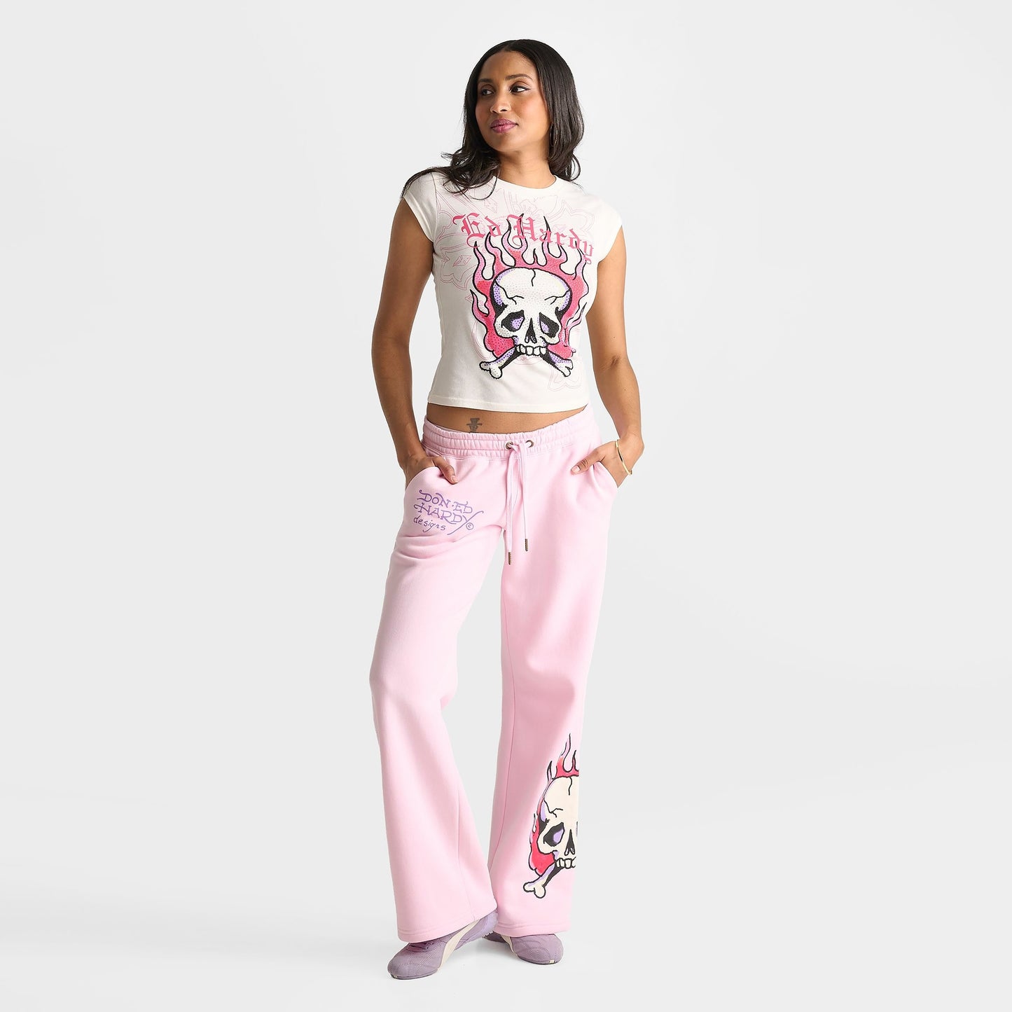 Women's Ed Hardy Rhinestone Panther Cap T-Shirt - Ivory