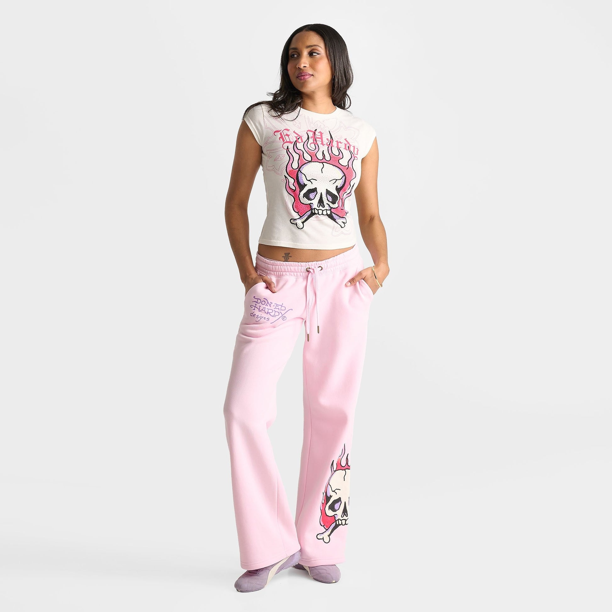 Women's Ed Hardy Rhinestone Panther Cap T-Shirt - Ivory