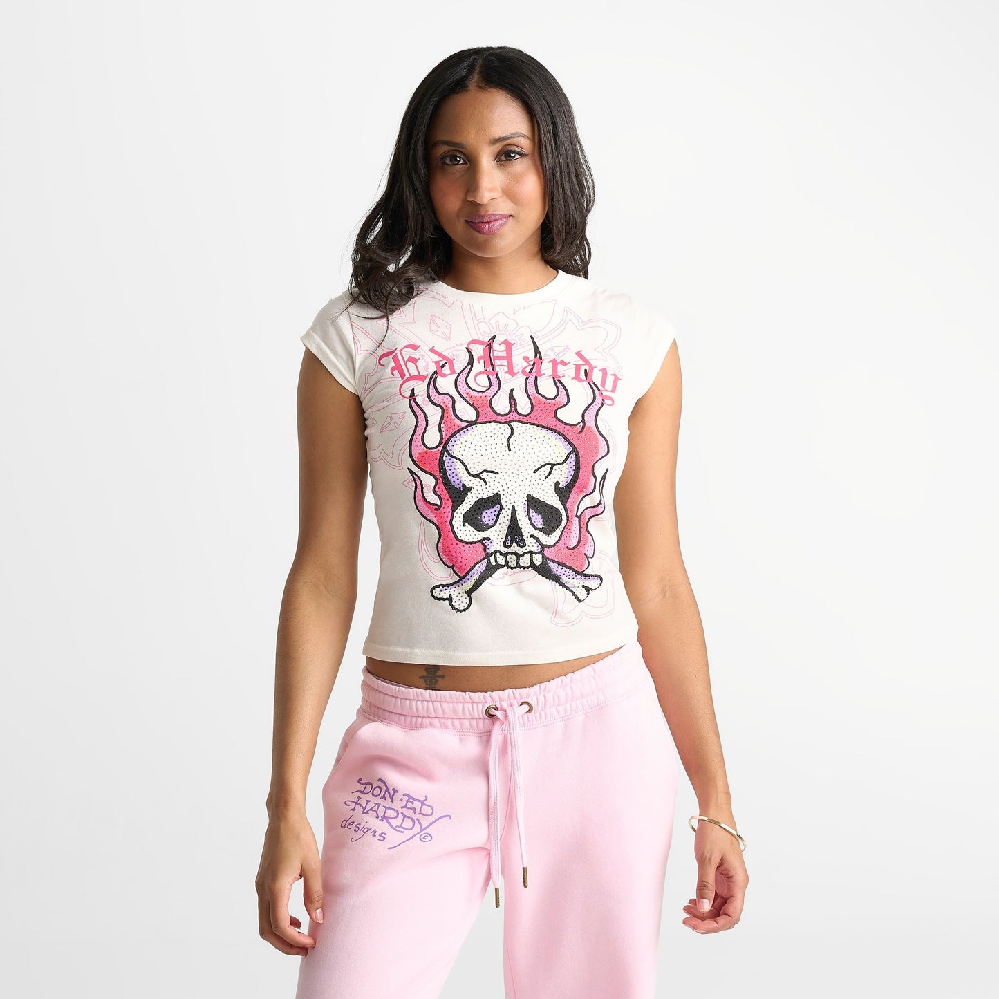Women's Ed Hardy Rhinestone Panther Cap T-Shirt - Ivory