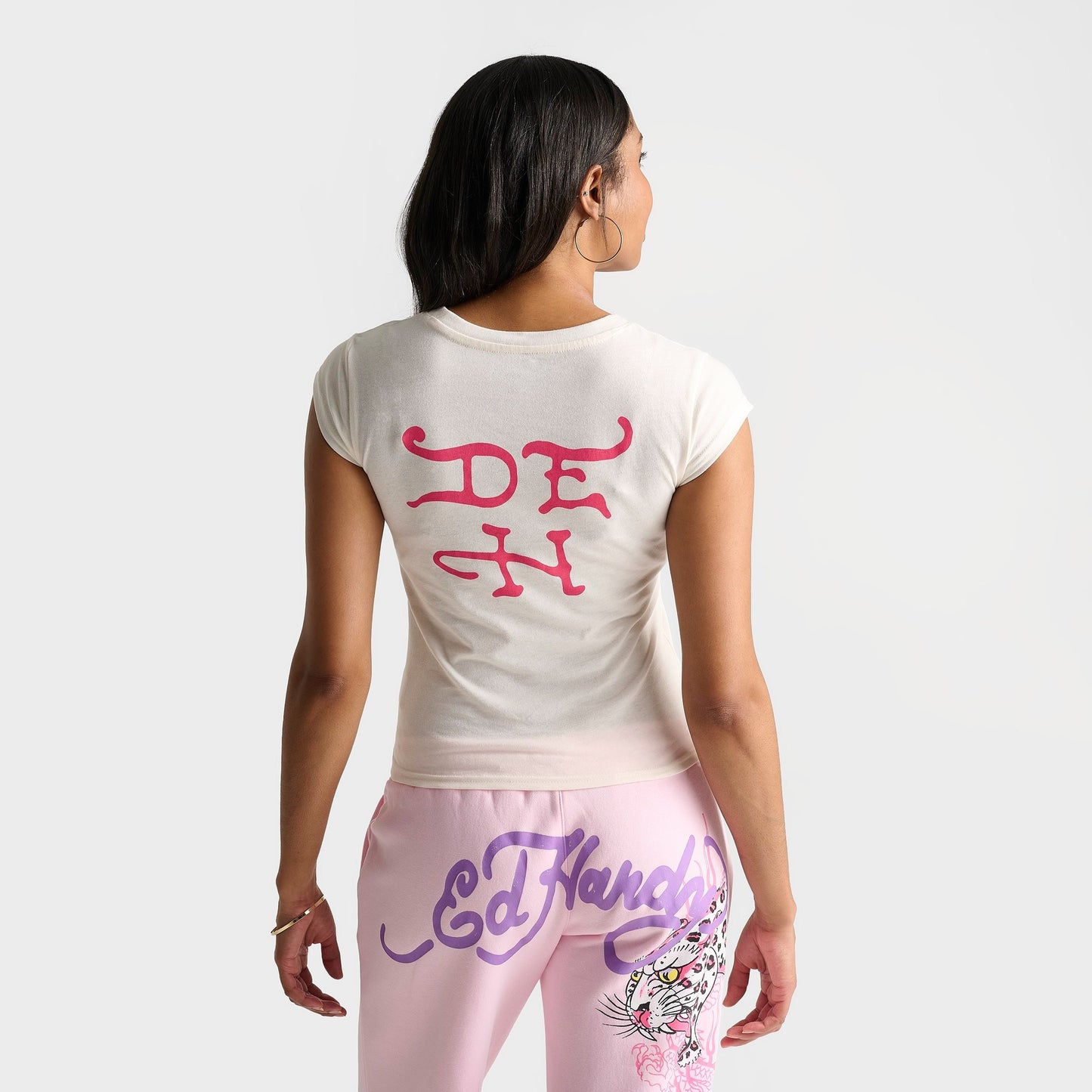 Women's Ed Hardy Rhinestone Panther Cap T-Shirt - Ivory