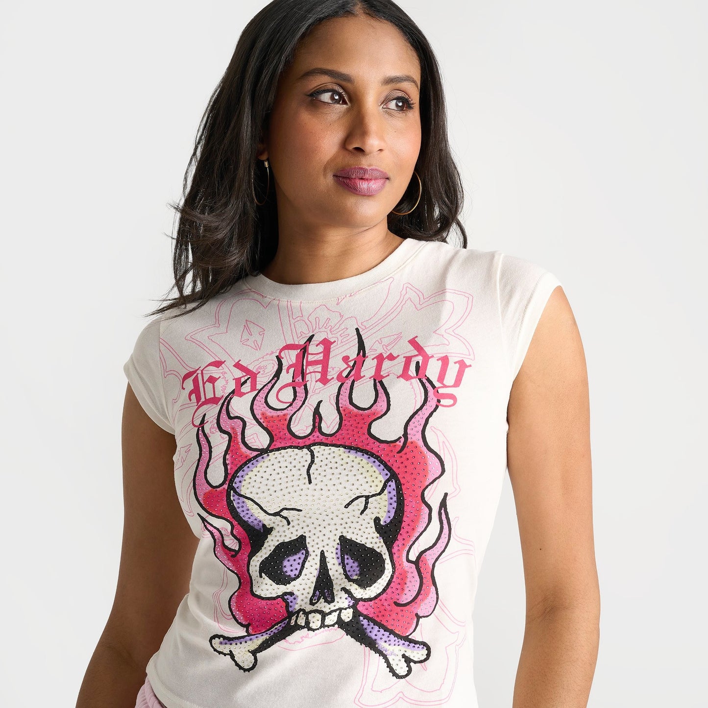 Women's Ed Hardy Rhinestone Panther Cap T-Shirt - Ivory