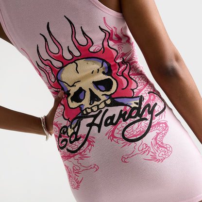 Women's Ed Hardy Flame Skull Rib Tank Dress - Pink Ballerina