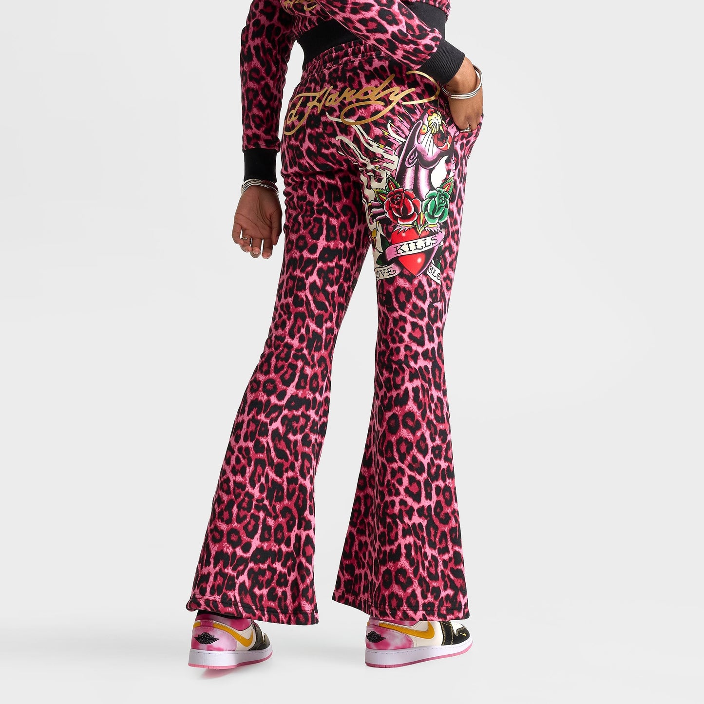 Women's Ed Hardy Pink Panther Leopard Bootcut Fleece Pants - Pink Leopard