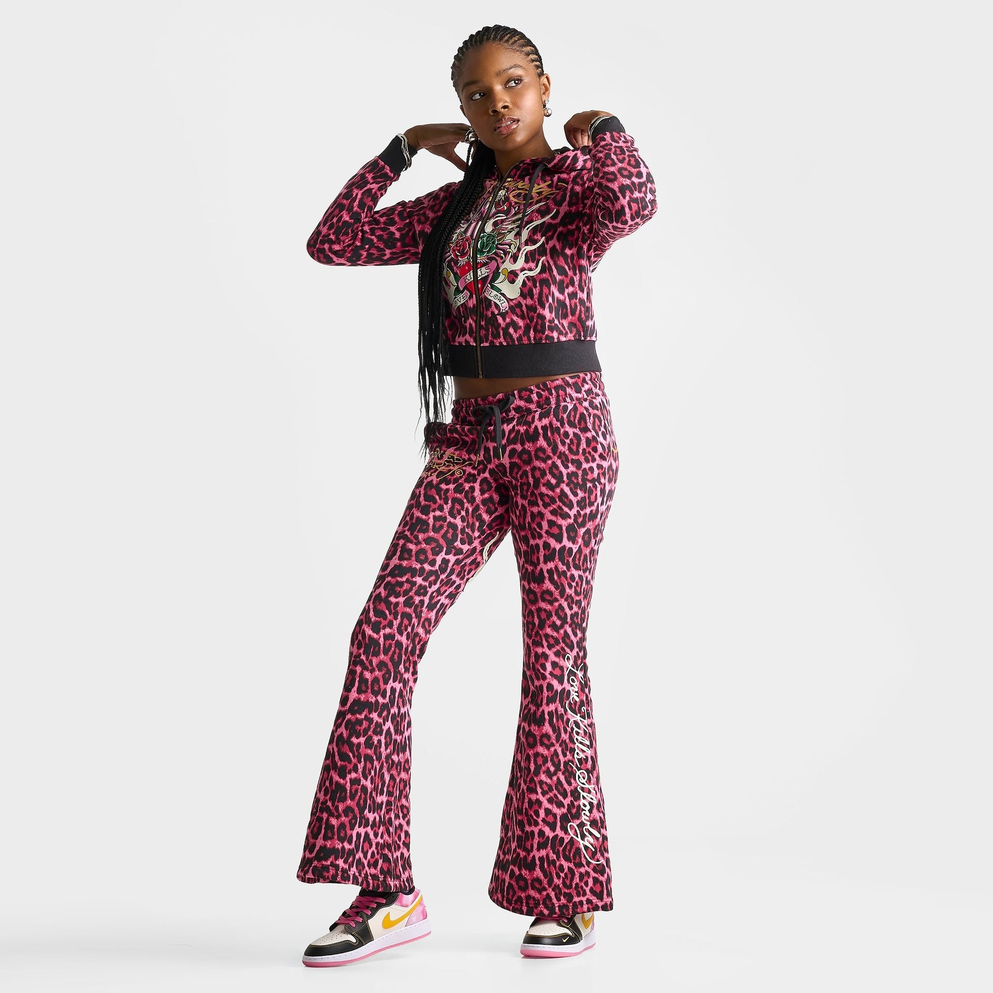 Women's Ed Hardy Pink Panther Leopard Bootcut Fleece Pants - Pink Leopard