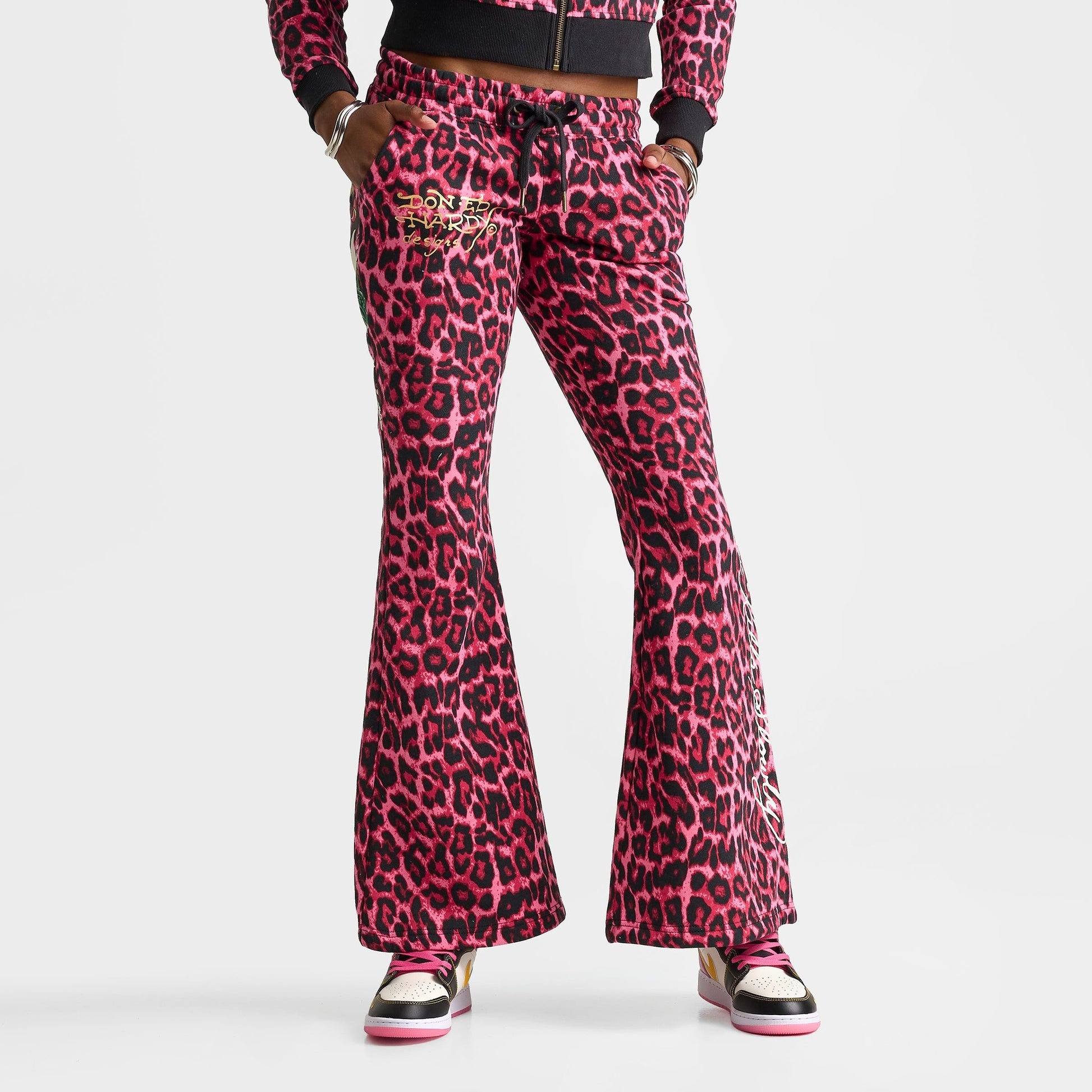 Women's Ed Hardy Pink Panther Leopard Bootcut Fleece Pants - Pink Leopard