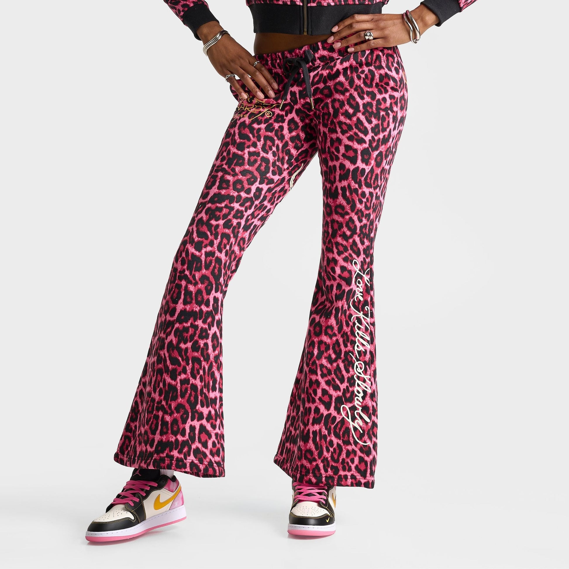 Women's Ed Hardy Pink Panther Leopard Bootcut Fleece Pants - Pink Leopard
