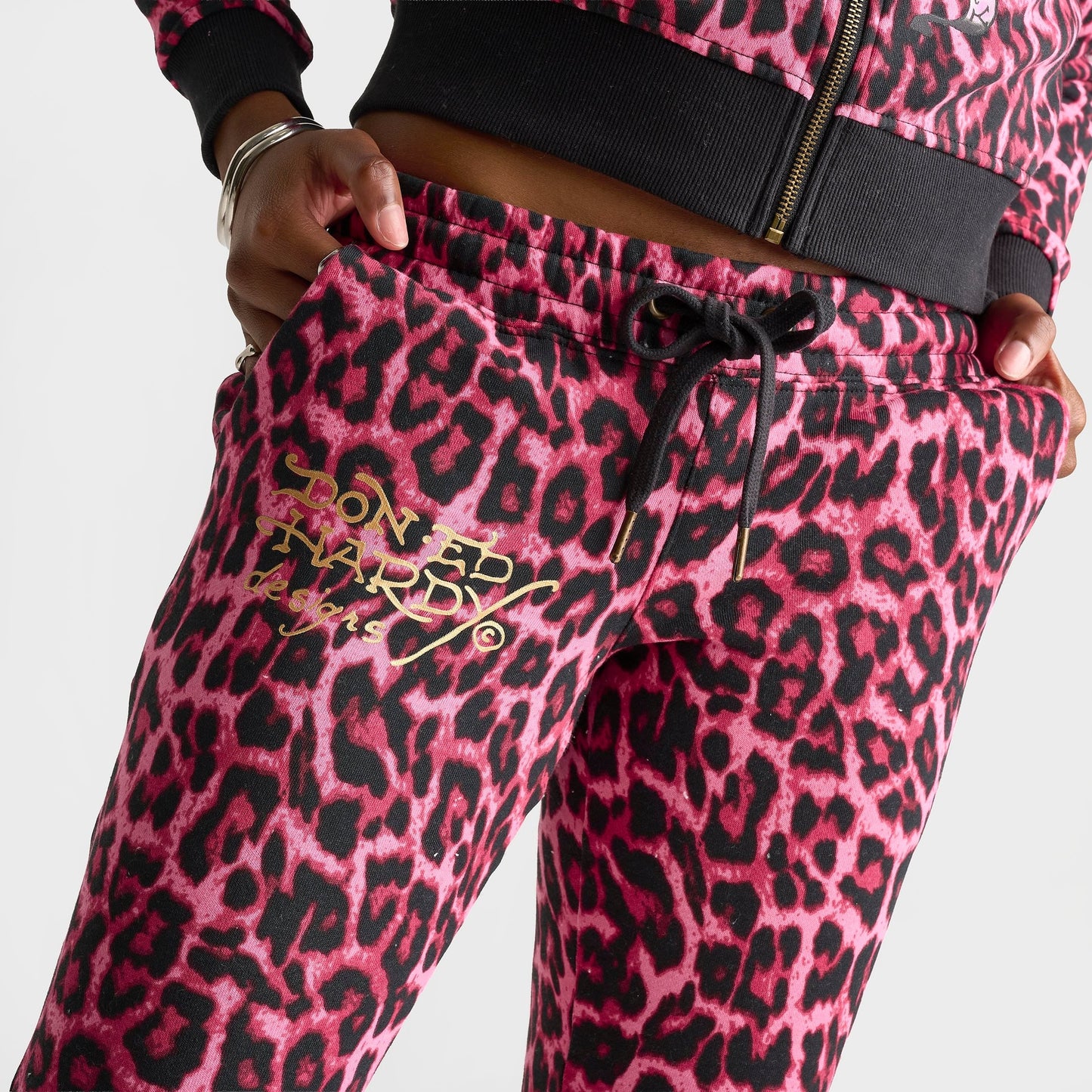 Women's Ed Hardy Pink Panther Leopard Bootcut Fleece Pants - Pink Leopard
