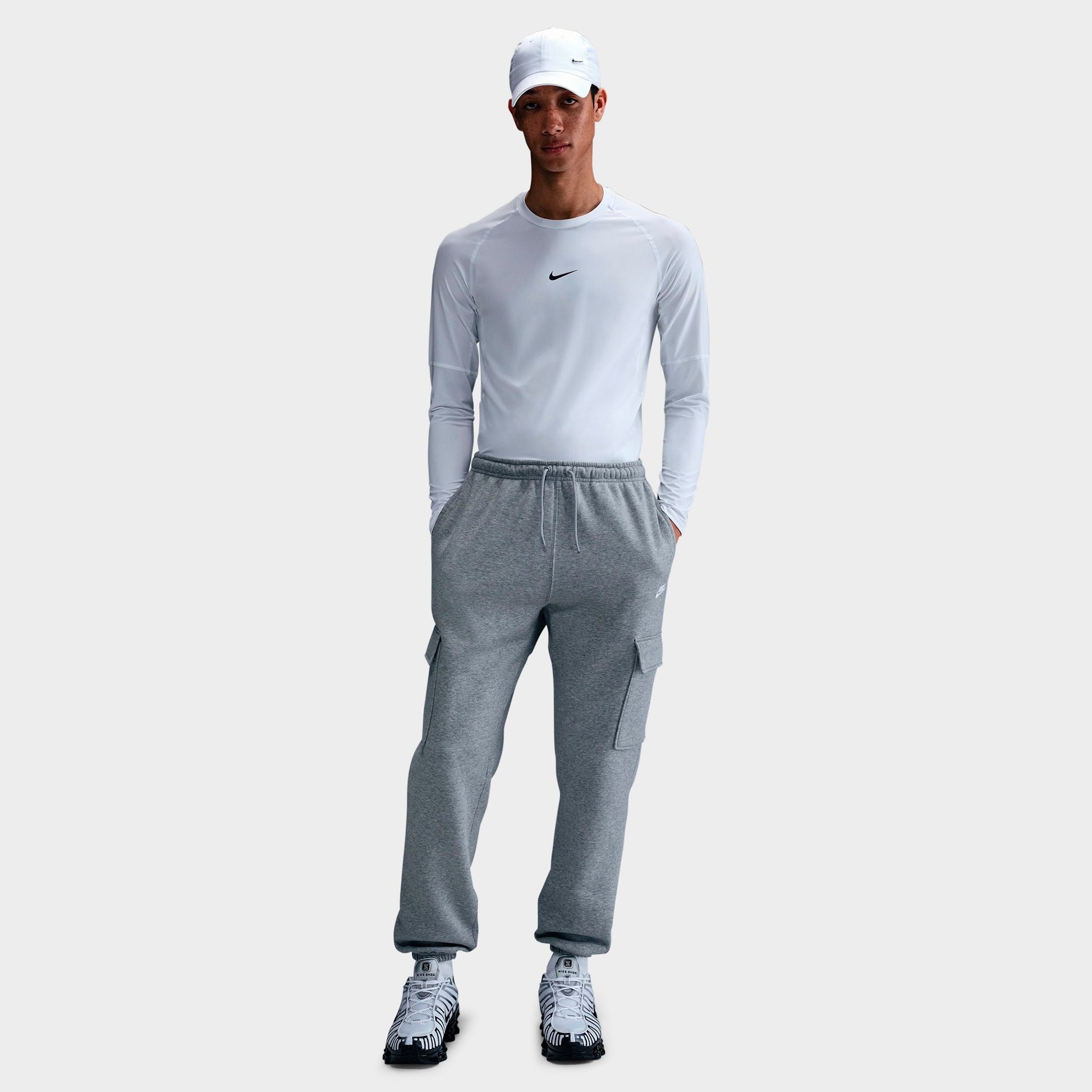 Men's Nike Club Fleece Cargo Jogger Pants - Dark Grey Heather/Light Smoke Grey/White