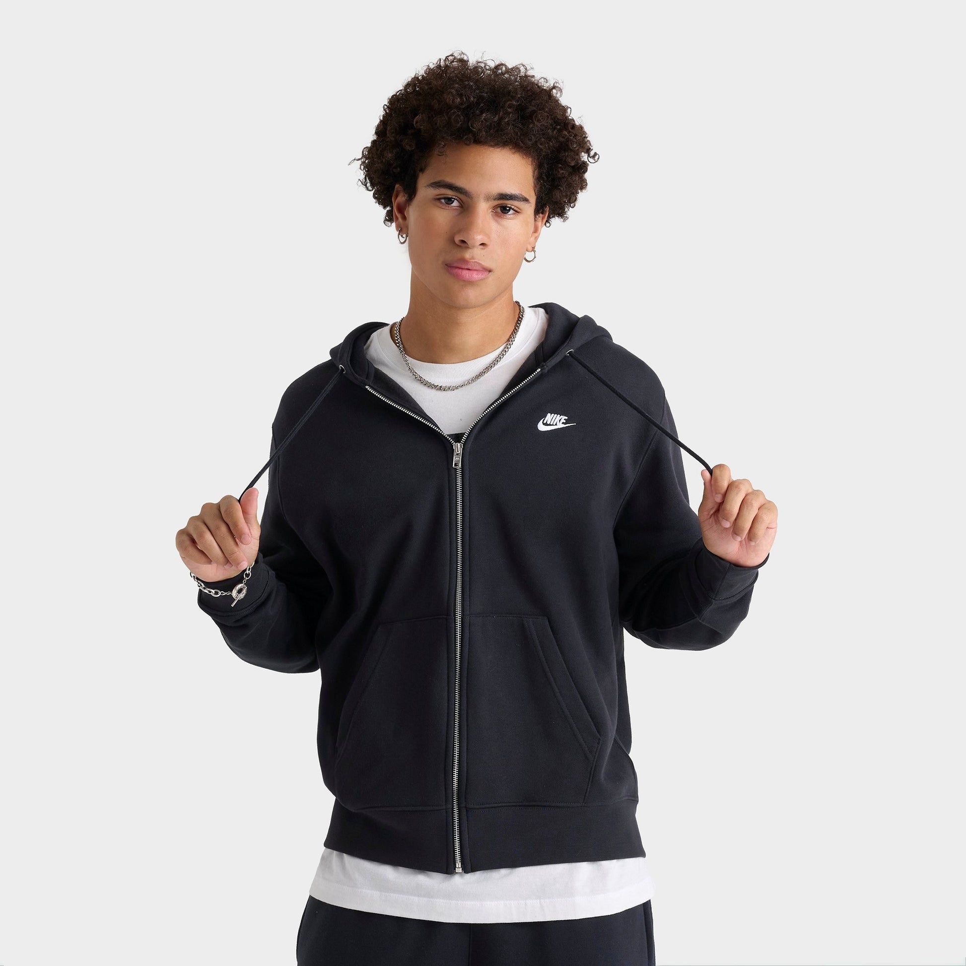 Men's Nike Club Fleece Embroidered Premium Full-Zip Hoodie - Black/Black/White