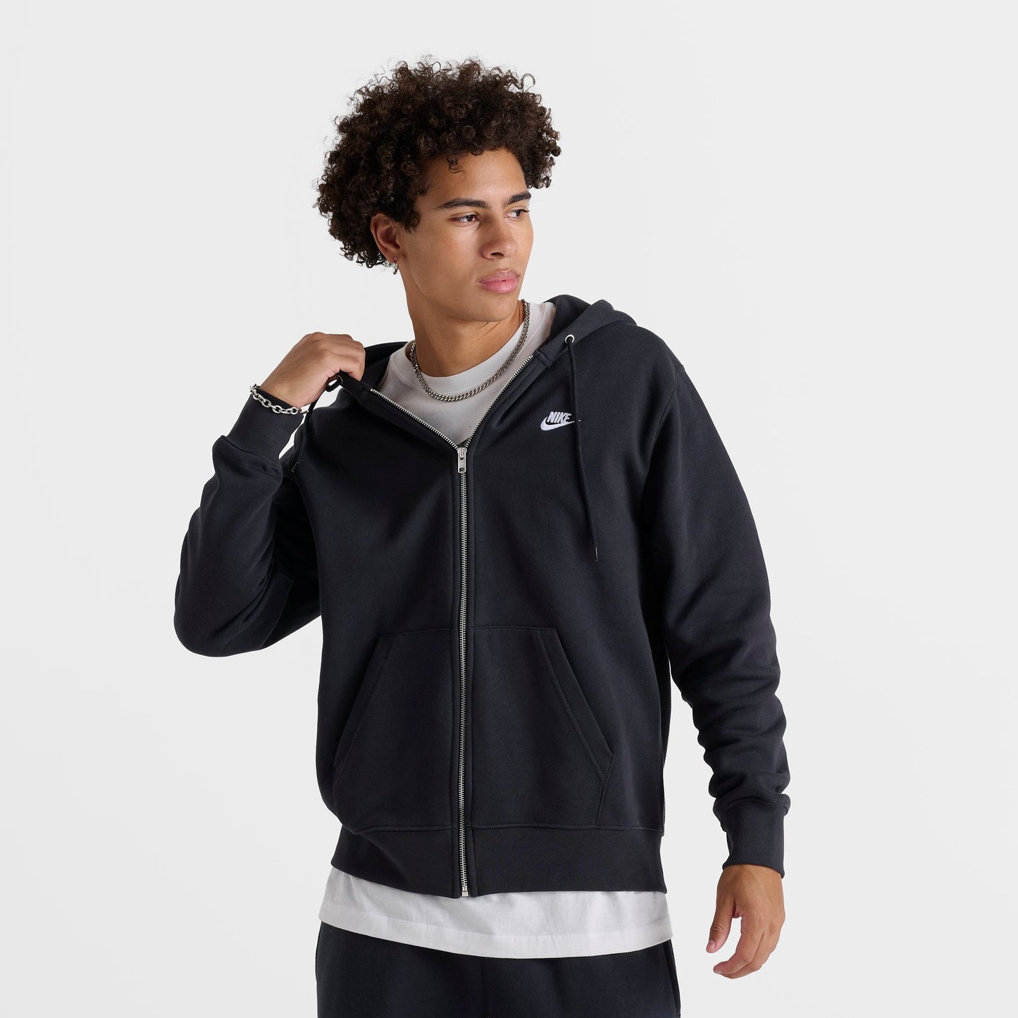Men's Nike Club Fleece Embroidered Premium Full-Zip Hoodie - Black/Black/White