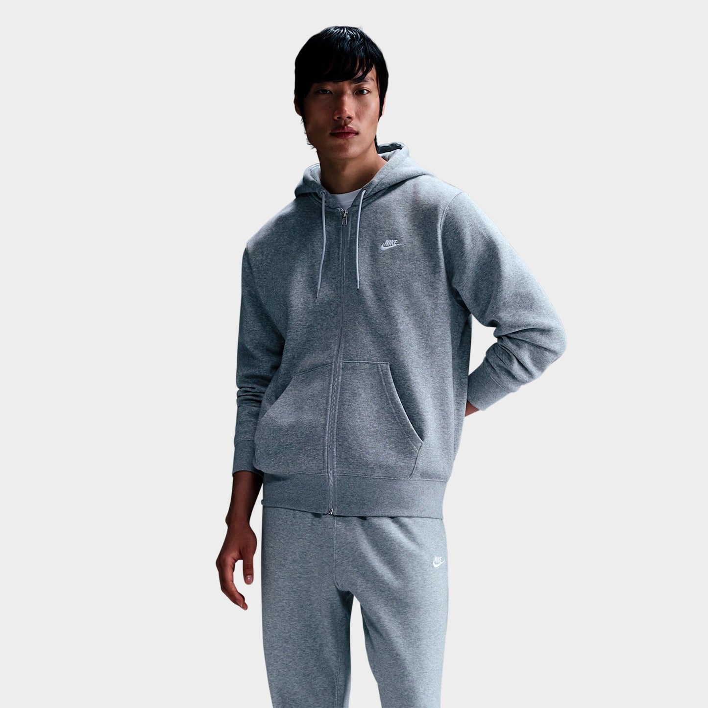 Men's Nike Club Fleece Embroidered Premium Full-Zip Hoodie - Dark Grey Heather/Light Smoke Grey/White
