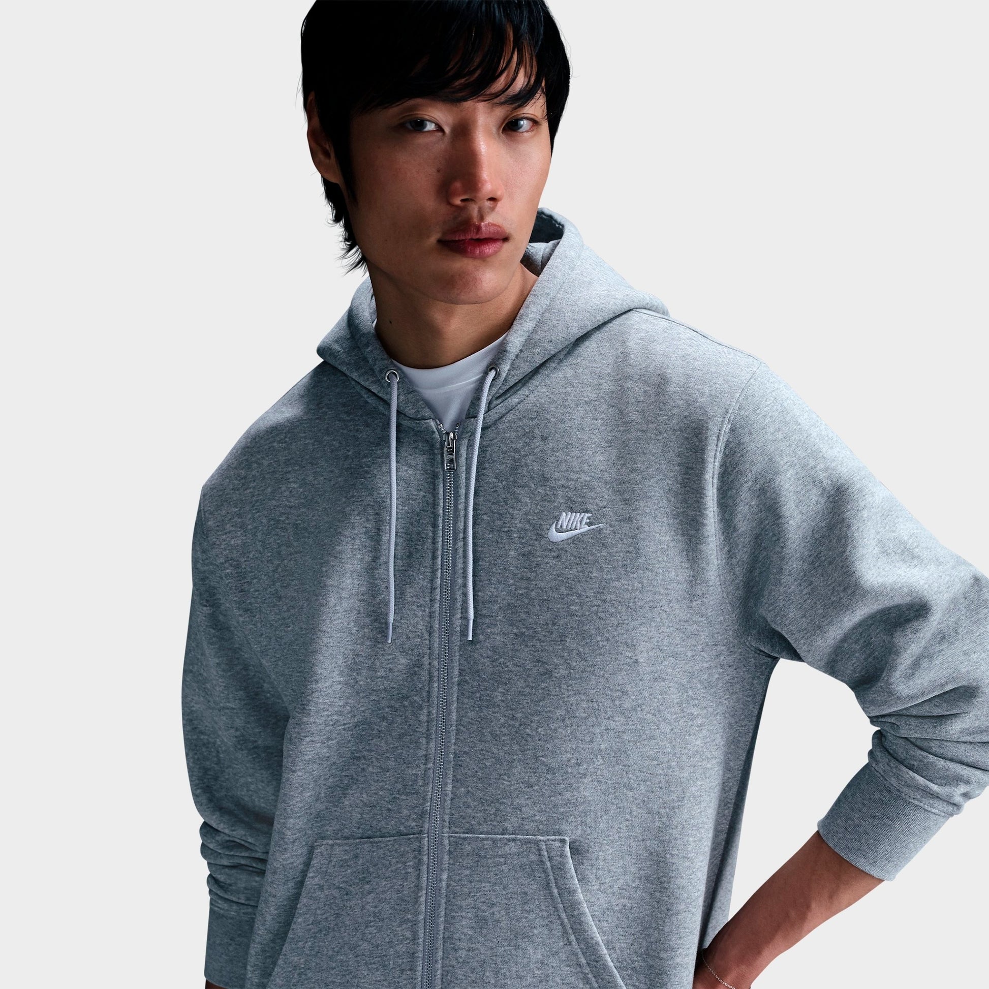 Men's Nike Club Fleece Embroidered Premium Full-Zip Hoodie - Dark Grey Heather/Light Smoke Grey/White