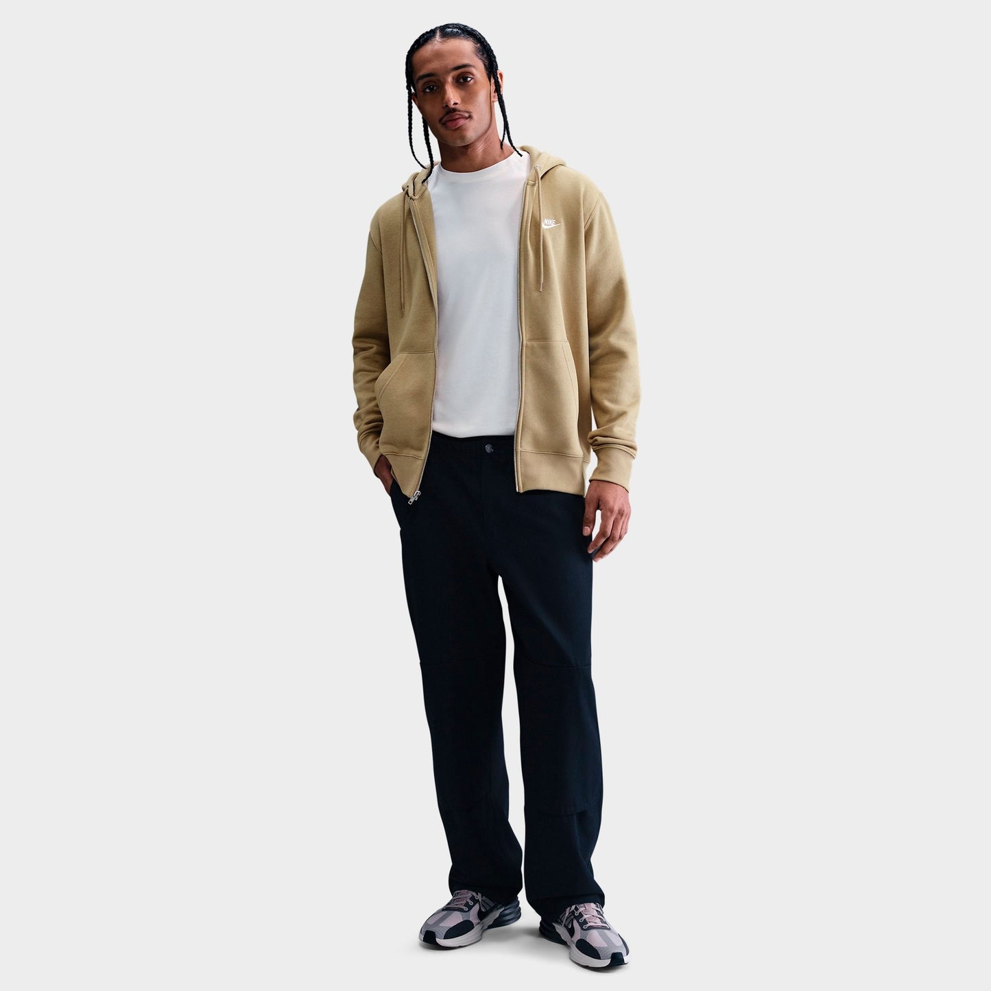 Men's Nike Club Fleece Embroidered Premium Full-Zip Hoodie - Parachute Beige/Parachute Beige/White
