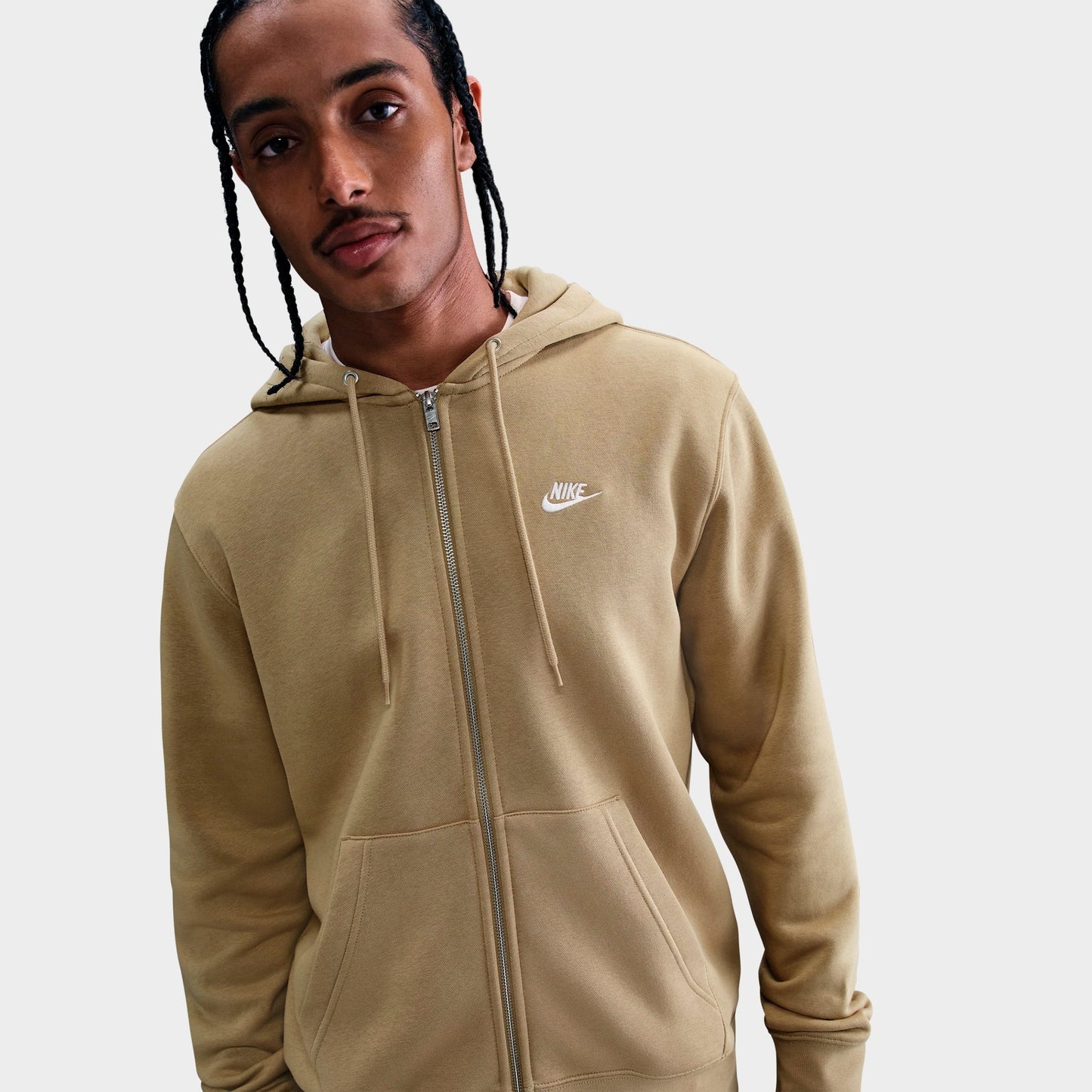 Men's Nike Club Fleece Embroidered Premium Full-Zip Hoodie - Parachute Beige/Parachute Beige/White