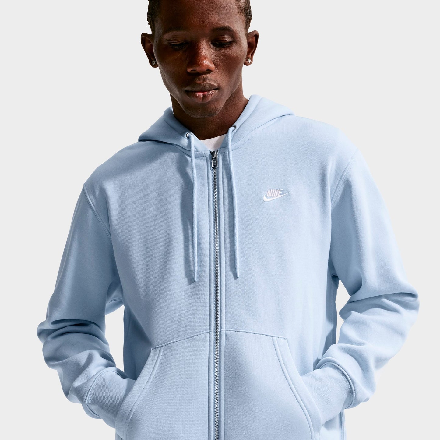 Men's Nike Club Fleece Embroidered Premium Full-Zip Hoodie - Hydrogen Blue/Hydrogen Blue/White